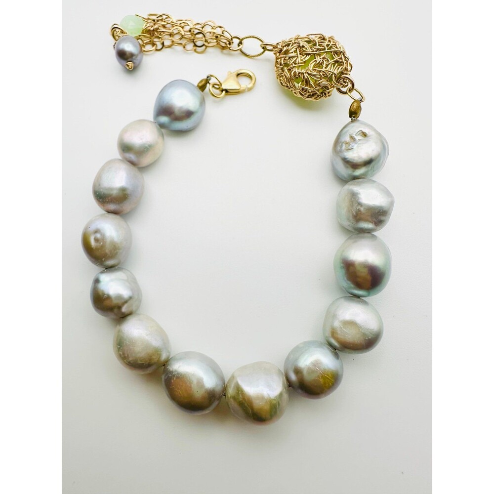 14k gold filled genuine baroque pearl prehnite Bracelet 8.5”